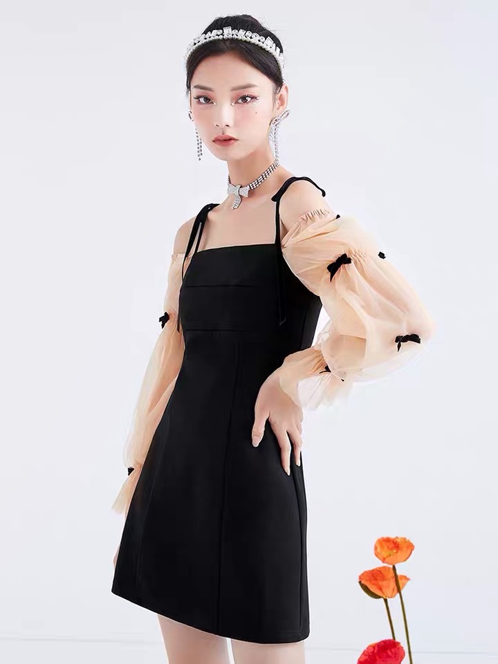 arrival fashon black patchw mesh flare long sleeve bow appliques mini bodycon dress for women casual party night club 210421