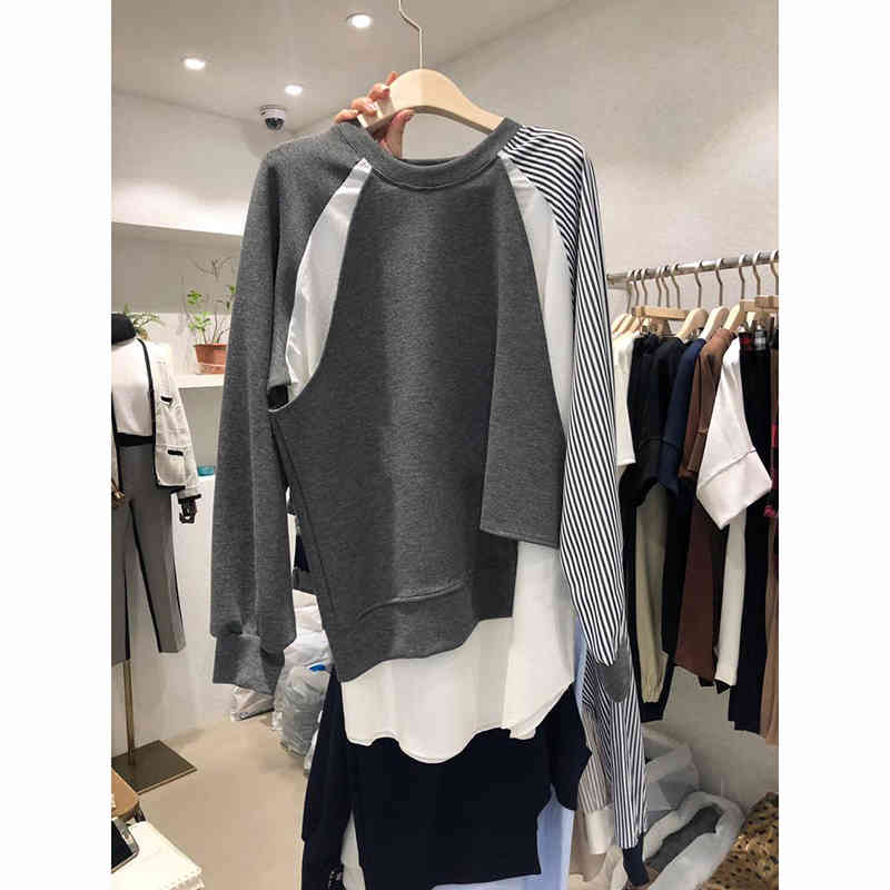 Nomikuma Irregular Patchwork Hit Color Stripe Sweatshirt Autumn Long Sleeve Hoodies Causal Korean Pullover Jumper 6C642 210427