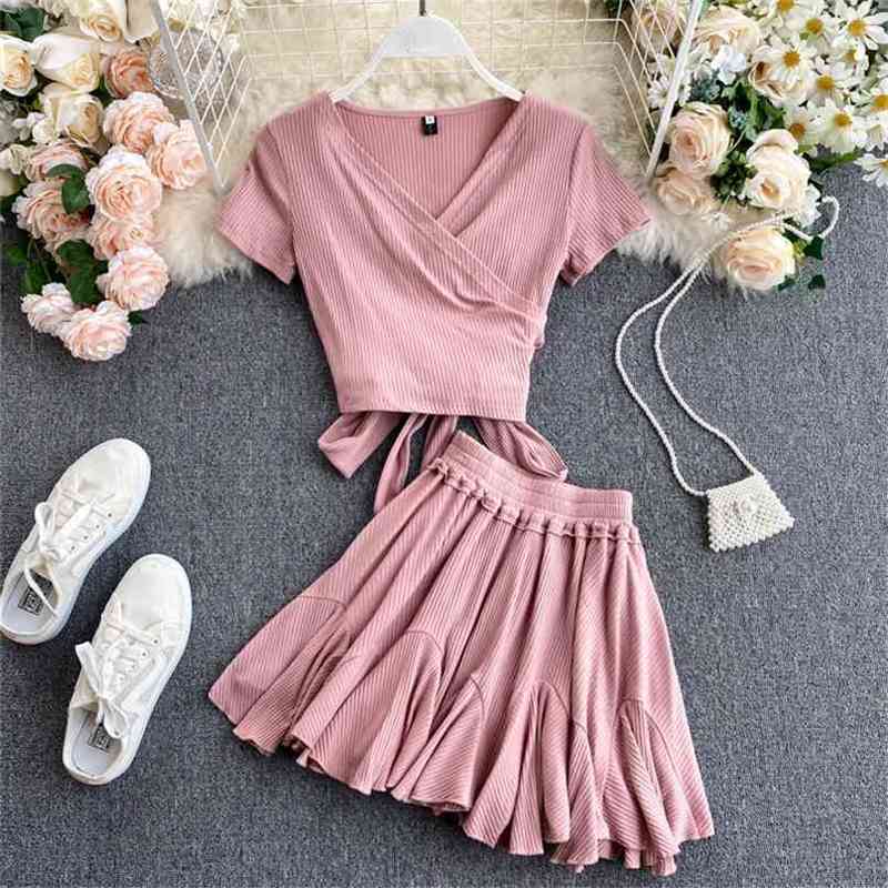 Chic Thin Suit Women Fashion Female Summer Short Sleeve Tops + High Waist Skirts Two Piece Sets L716 210527