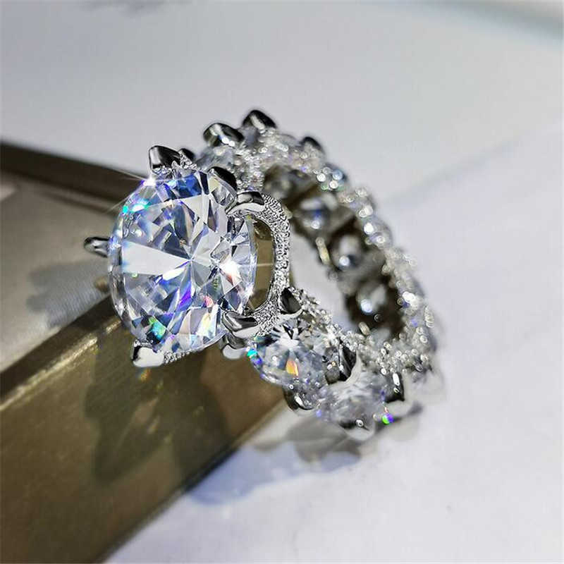 Cocktail Sparkling Luxury Jewelry 925 Sterling Silver Large Round Cut White Topaz CZ Diamond Promise Women Wedding Band Ring