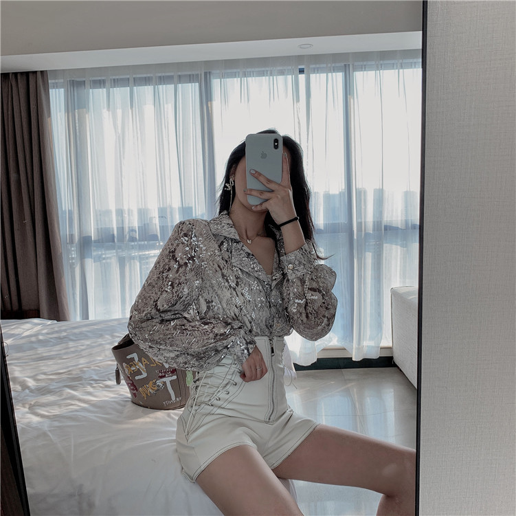 Snake Print Sequin Blouse Glitter Ladies Top Long Sleeve Button Down Shirt For Women Autumn Korean Fashion 210427