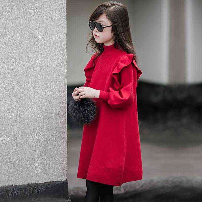 Children Kids Girls Clothes Red Spring Knitted Ruffles Teen Girl's Long Sleeve Sweater Dresses 4 5 6 7 8 9 10 11 12 13 14 Years 211103