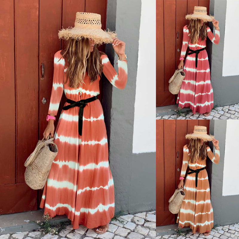 Women Dress V-neck Long Sleeve Striped Beach Plus Size Loose Casual Summer es Fashion 210524