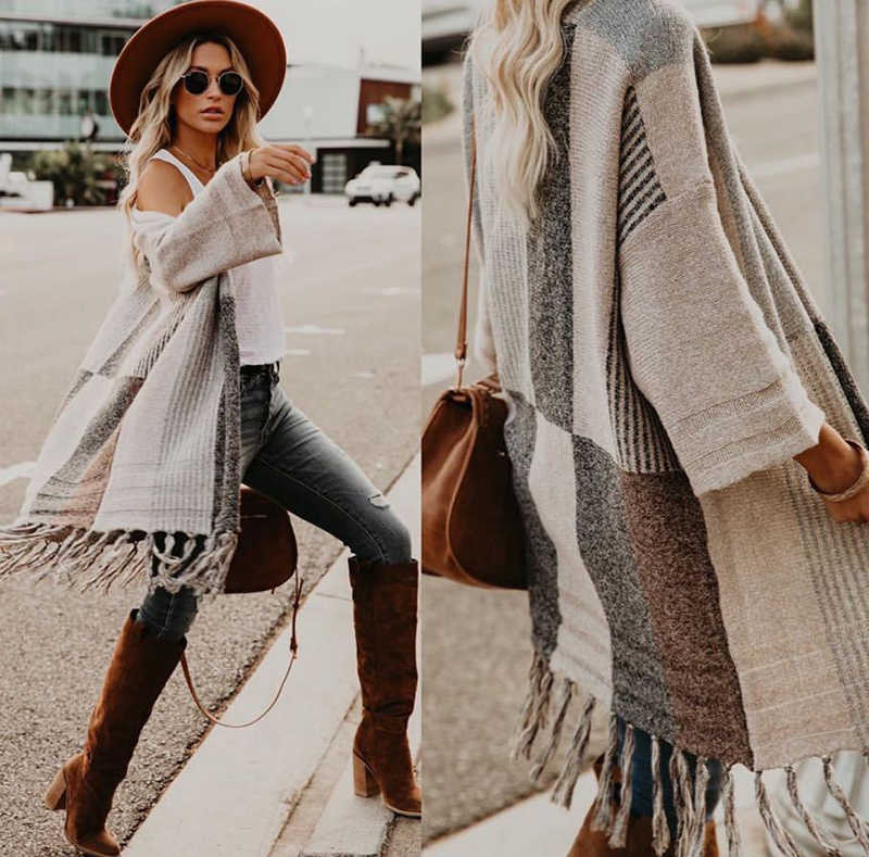 Fitshinling Bohemian Fringe Cardigan Women Clothes Patchwork Slim Long Coat Female Winter Vintage Knitwear Sweaters Cardigans 211014