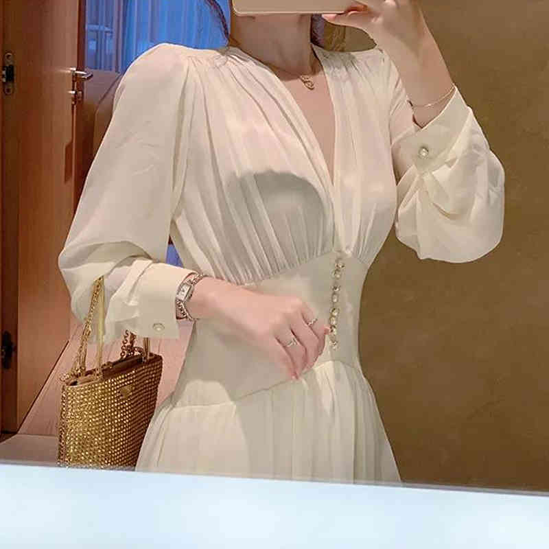 Office Lady V-neck Loose Midi Dresses Elegant Sexy Women White Long Sleeve Party Autumn Clothing Female 12097 210506