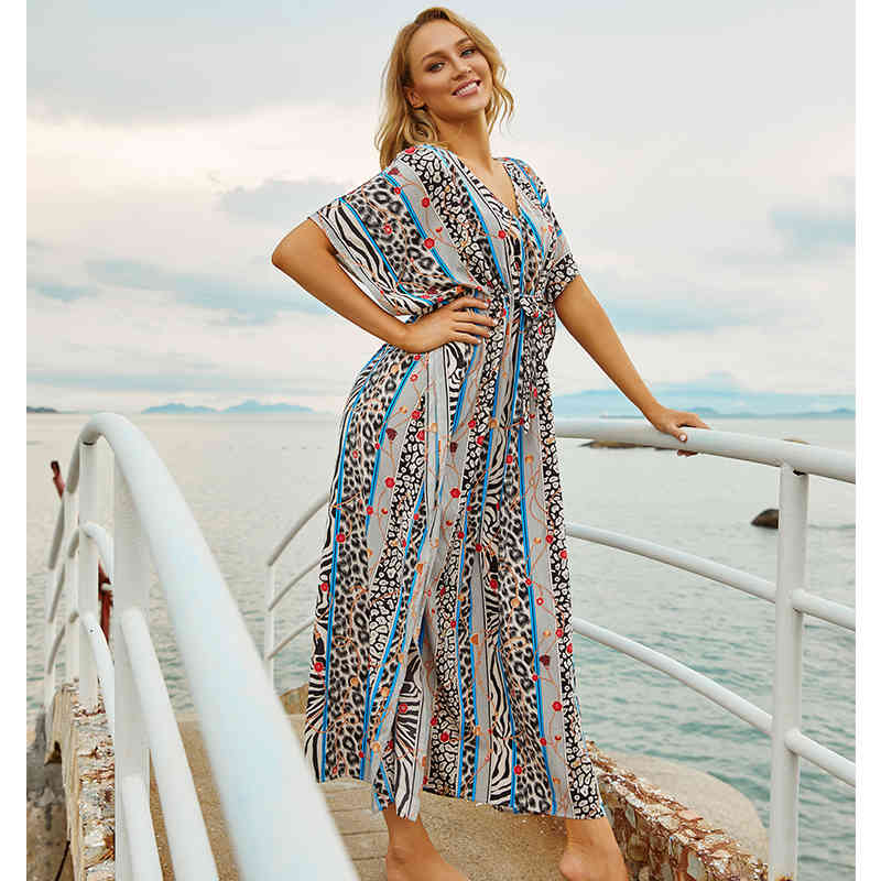 Sexy Bikini Cover-ups Cotton Tunic Boho Striped Summer Beach Dress Elegant Women Plus Size Wear Swim Suit Cover Up Q1105 210420
