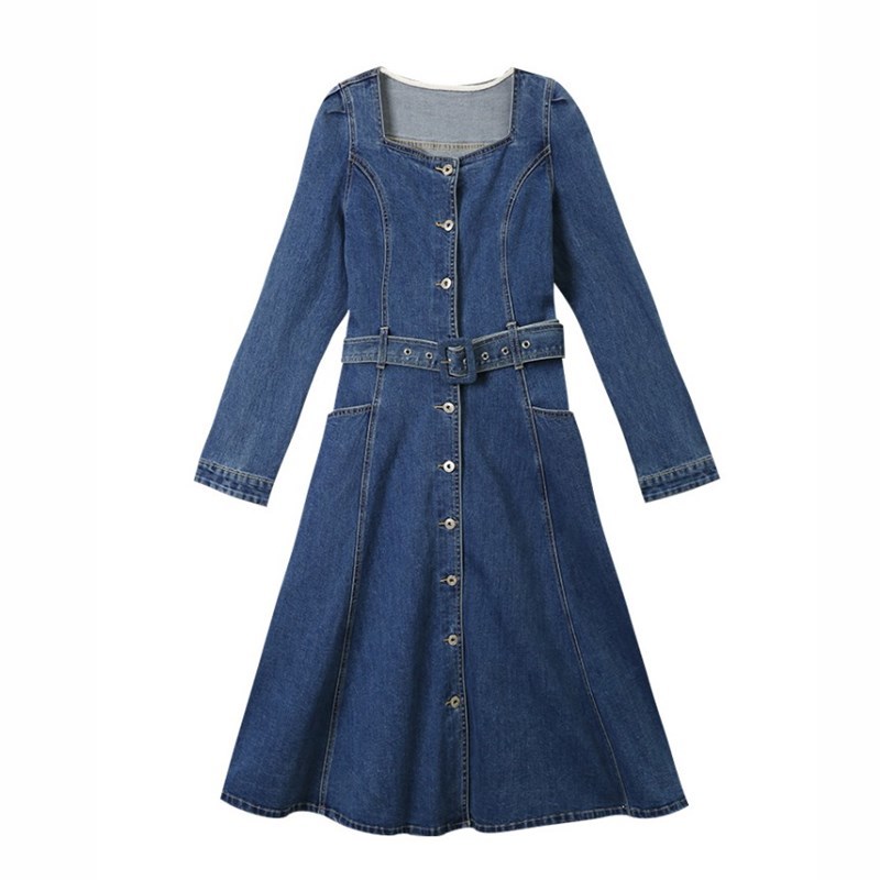 Denim Dress Women Korean Spring Temperament Elegant Square Collar Retro Single-Breasted Casual Slim Long Vestidos 210519