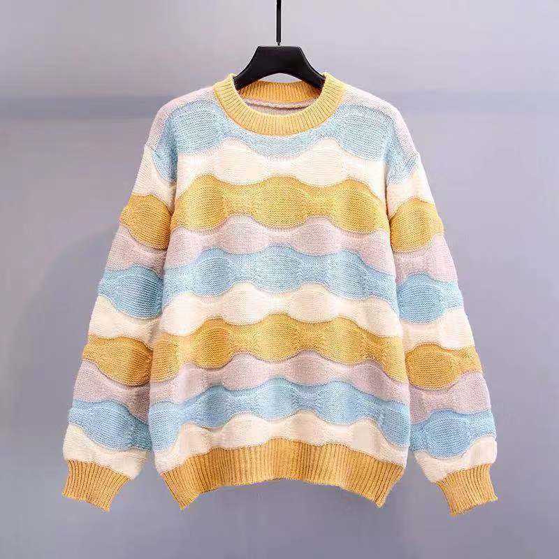H.SA Fall Fashion Women Rainbow Sweater and Pullovers Long Sleeve Colorful Striped Loose Sweaters Fashion Outwear Tops Fall 210716