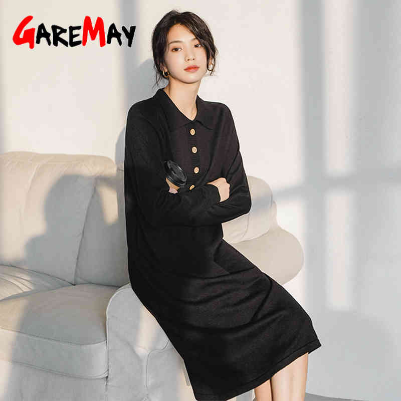 Autumn Women's Dress Office Casual Long Sleeve Maxi Sweater Oversize Turndown Elegant Knitted 210428