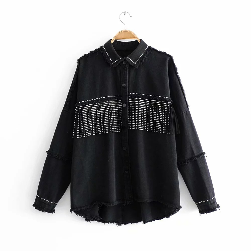 Women Black High Quality Loose Denim Jacket Sequined Tassels Streetwear Coat Vintage Single-breasted Jean Coats 210428