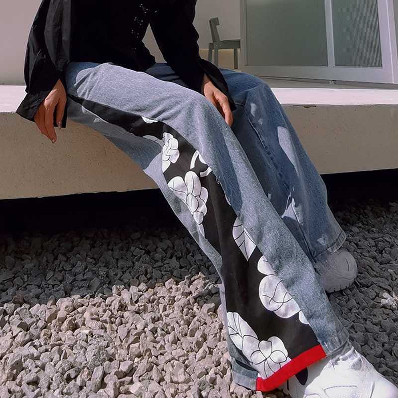 Patchwork Hit Color Wide Leg Soft Washed Jeans High Waist Loose Woman Pants Elegant Temperament Silm Denim Bottoms 210525