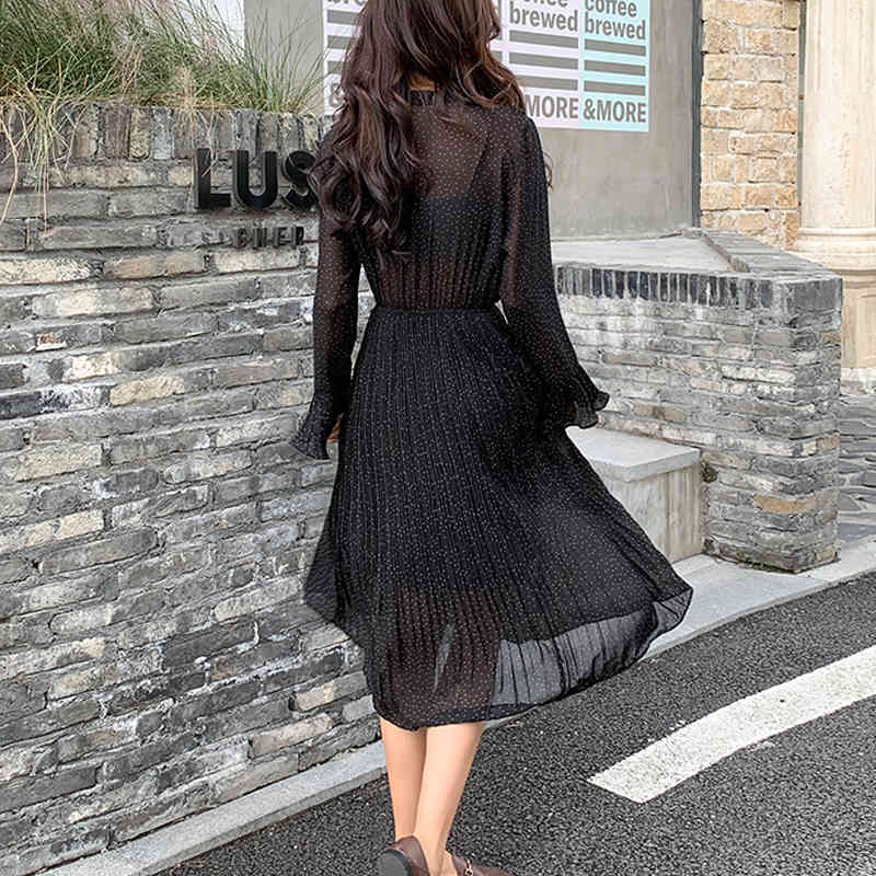 Autumn Women Vintage High Waist Pleated Dress Elegant Polka Dot Chiffon es Black Bow Collar Vestidos 11185 210427