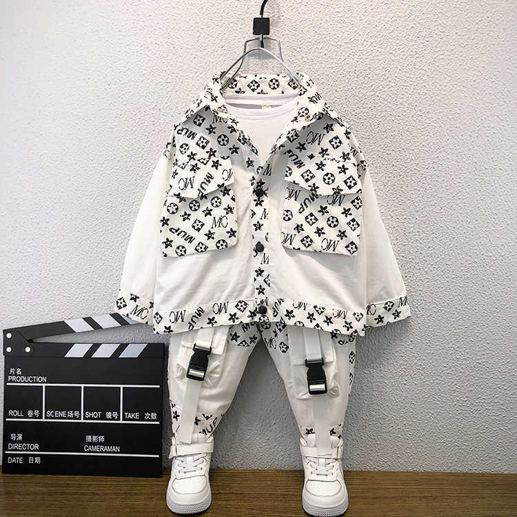 Kids Boy's Cool Shirt Coat Jacket Dungarees Pants Set Students Children's with Knee Pocket Two piece Outfits Sportswear