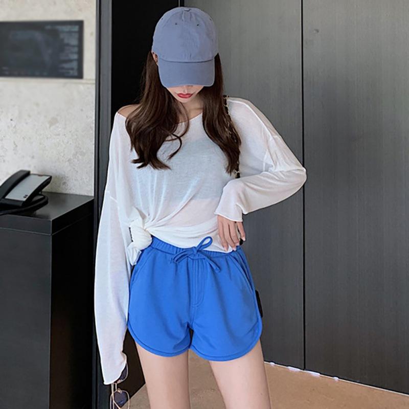 Summer Women Elastic Waist Shorts Solid Color Wide Leg Loose Casual High With Pockets Women's