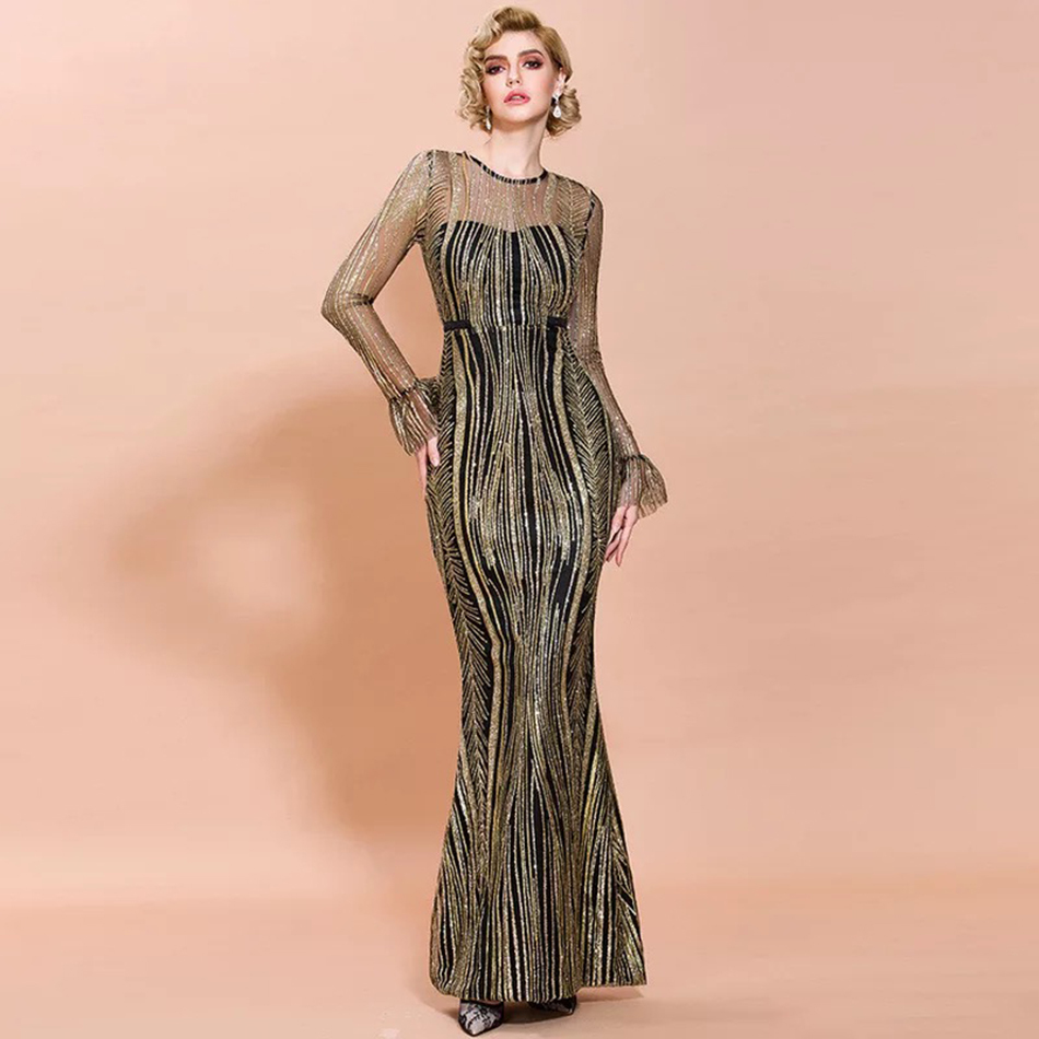 Fashion Women's Summer Dress Sexy Long Sleeve Gold Sequins Lace Maxi Evening Runway Club Party Outfit Lady 210423