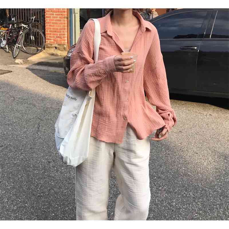 Korea Chic Cotton Lapel Irregular Loose Long Sleeve Pink Shirt Turn-down Collar Womens Tops Blouses 210615Z