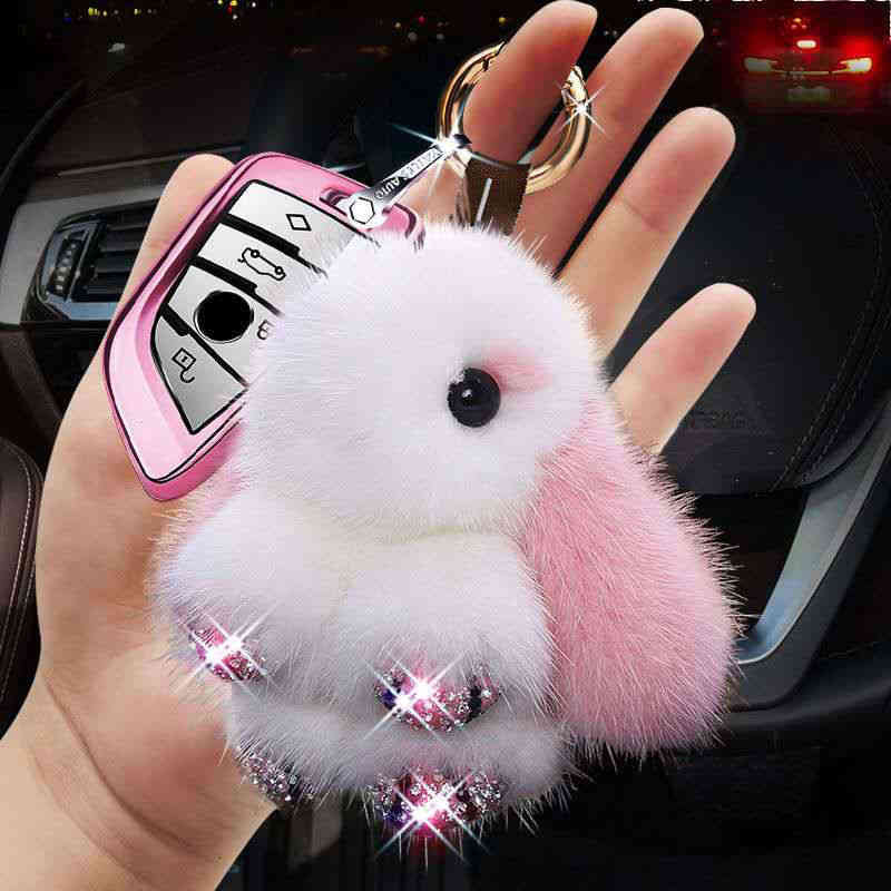Mink Fur Cute Rabbit Bag Pendant with Diamond Mini Dead Key Chain Car