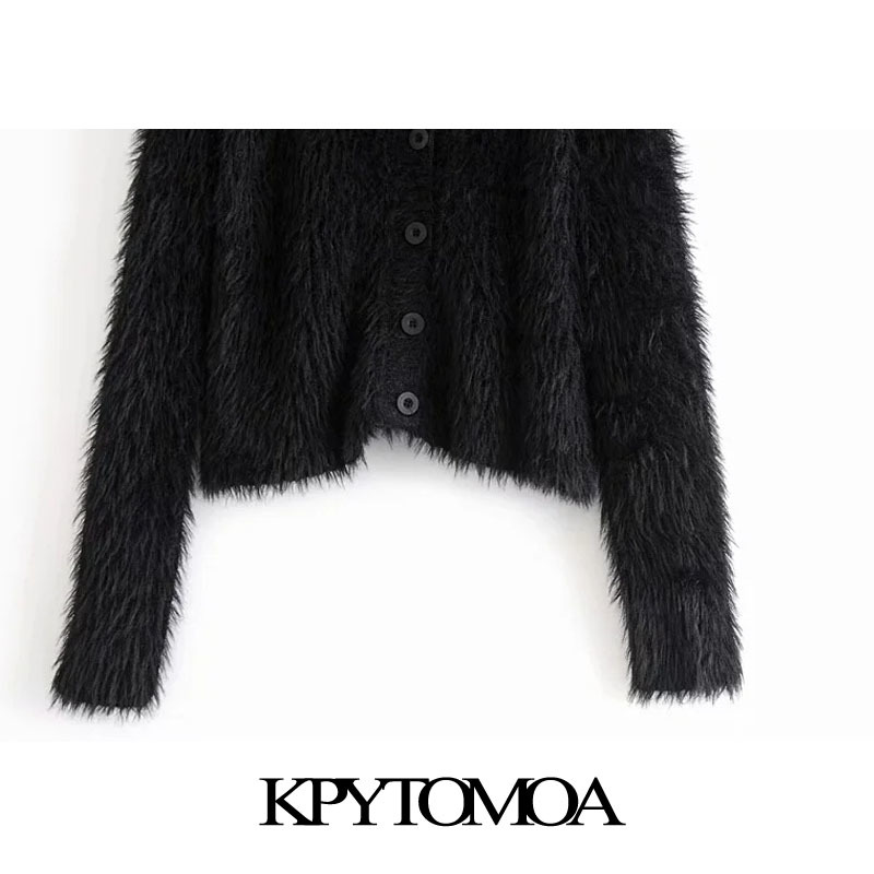 Women Fashion Soft Touch Faux Fur Knitted Cardigan Sweater Long Sleeve Button-up Female Outerwear Chic Top 210420