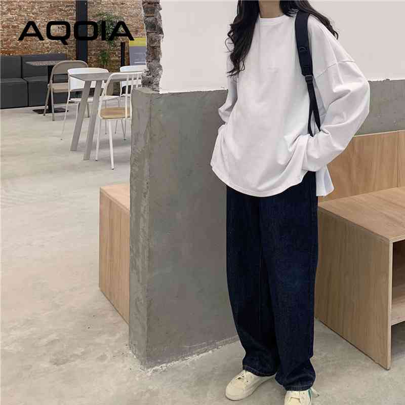 AQOIA Streetwear Y2K Long Sleeve White Black Women T Shirt Plus Size Loose ops Autumn irregular Split Female Shirts 210521