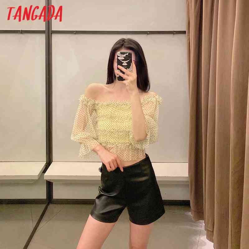Women Retro Dots Mesh Crop Off Shouder Long Sleeve Summer Chic Female Sexy Slim Shirt Tops 2W91 210416