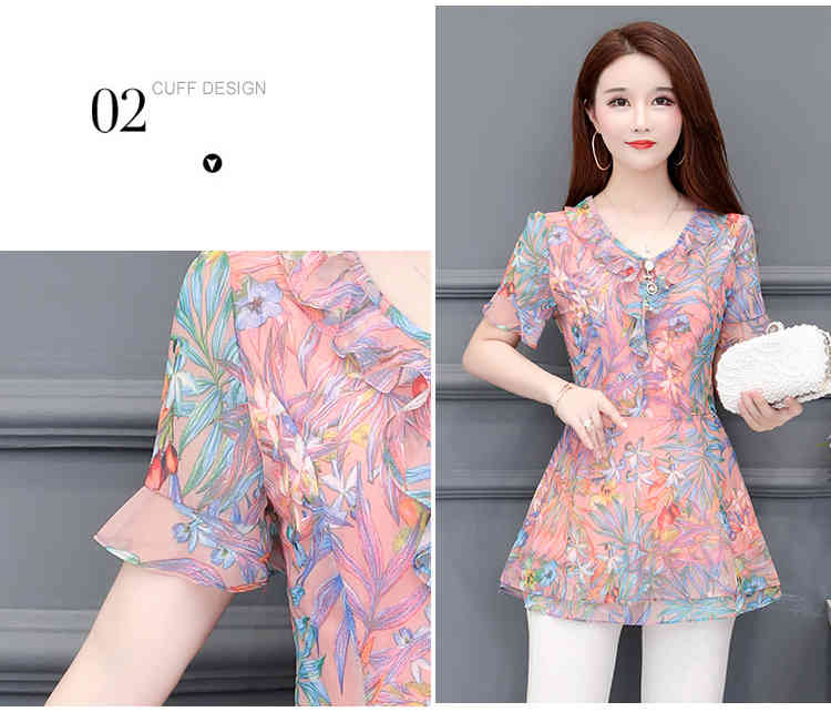 Blusas Feminina Chiffon Middle-aged Women Vetement Femme Shirt Shorts Sleeve Plus Size Print Blouse 928i 210420