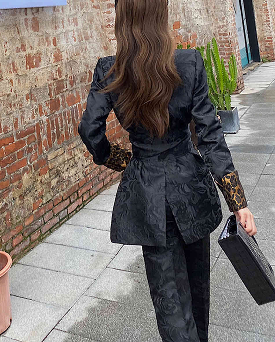 Summer Suit High Quality Leopard Print Lapel Belt Blazer + Jacquard Long Two-Piece Pants Sexy Office Lady Set 210525