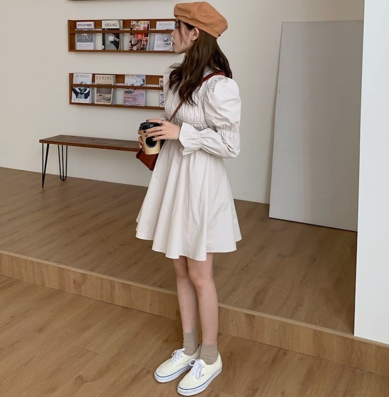 Korean Style Puff Long Sleeve Women Dress Elegant Slim Fit Pleated Vestidos Office Lady Solid High Waist Mini Dresses 210422Z