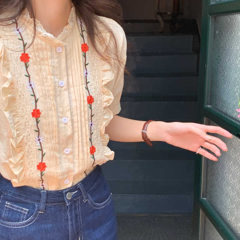 Korejpaa Women Shirt Summer Korean Chic Girls Sweet Round Neck Fungus Lace Stitching Embroidery Flower Puff Sleeve Blouses 210526