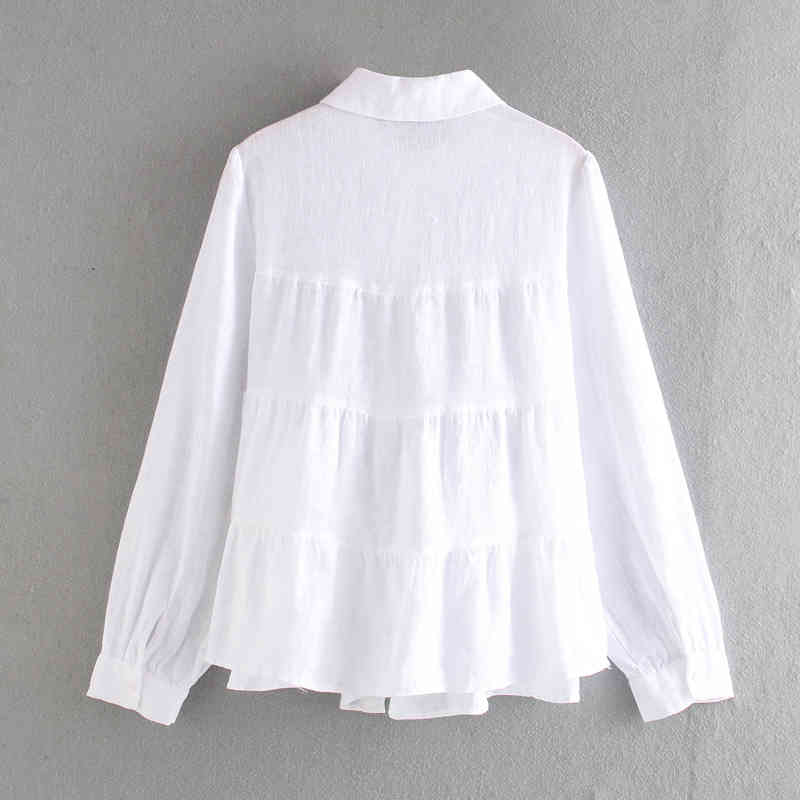 Women's Lapel Long-sleeve Linen Shirt with Bubble Sleeves Overlay Flared Loose Seams on The White Shirt Female 210507