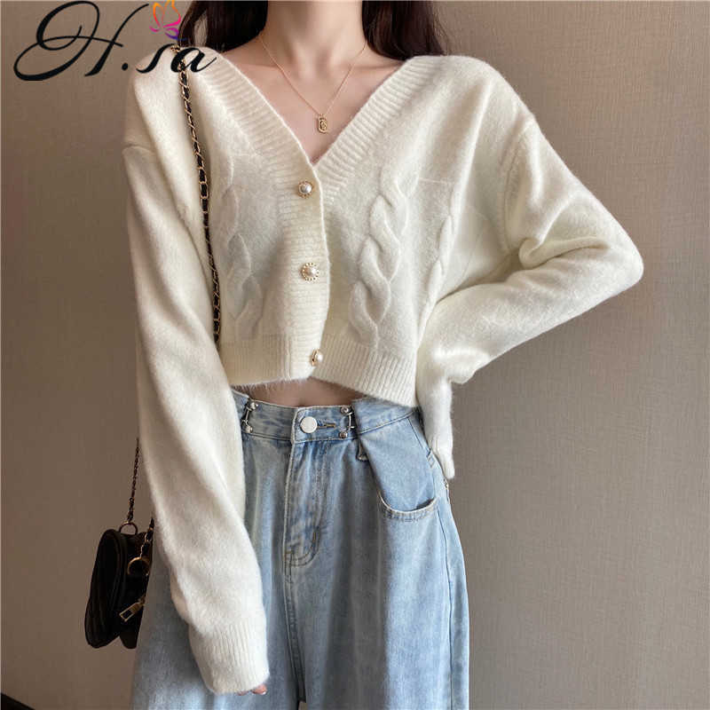 H.SA Spring Women Cardigans V neck Button Up Pearl Yellow Sweater Cardigans Short Loose Jumpers Long Sleeve Knitwear Winter 210716