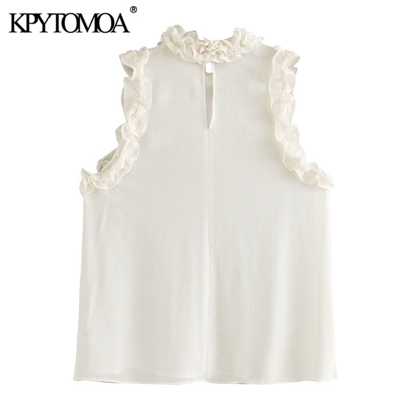 Women Sexy Fashion Pearl Beading See Through Ruffled Blouses High Neck Sleeveless Female Shirts Chic Tops 210420