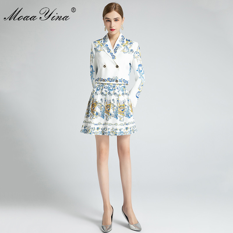 Fashion Set Spring Autumn Women's Long sleeve Double breasted Baroque Print Short jacket+Pleated skirt Two-piece set 210524