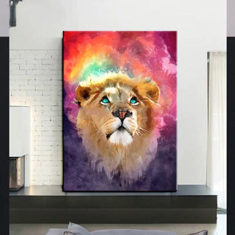 Multicolored Lion Face Modern Canvas Painting Animal Pictures Living-Room-Decor Wall Art Posters Abstract Prints