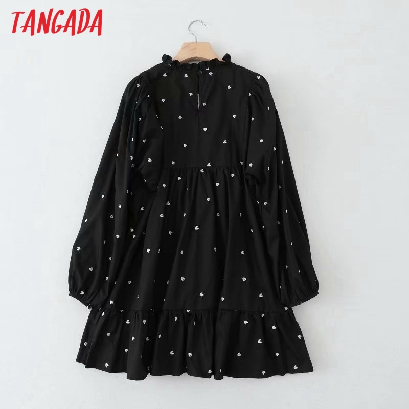 Women Heart Embroidery Black Dress Long Sleeve Pleated Females Mini Dresses Vestidos 5B19 210416