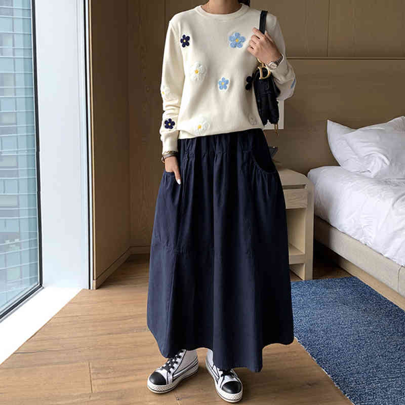 Korean Floral Emobroidery Pullover Sweater High Quality Women Elegant O Neck Knitted Tops C-089 210522