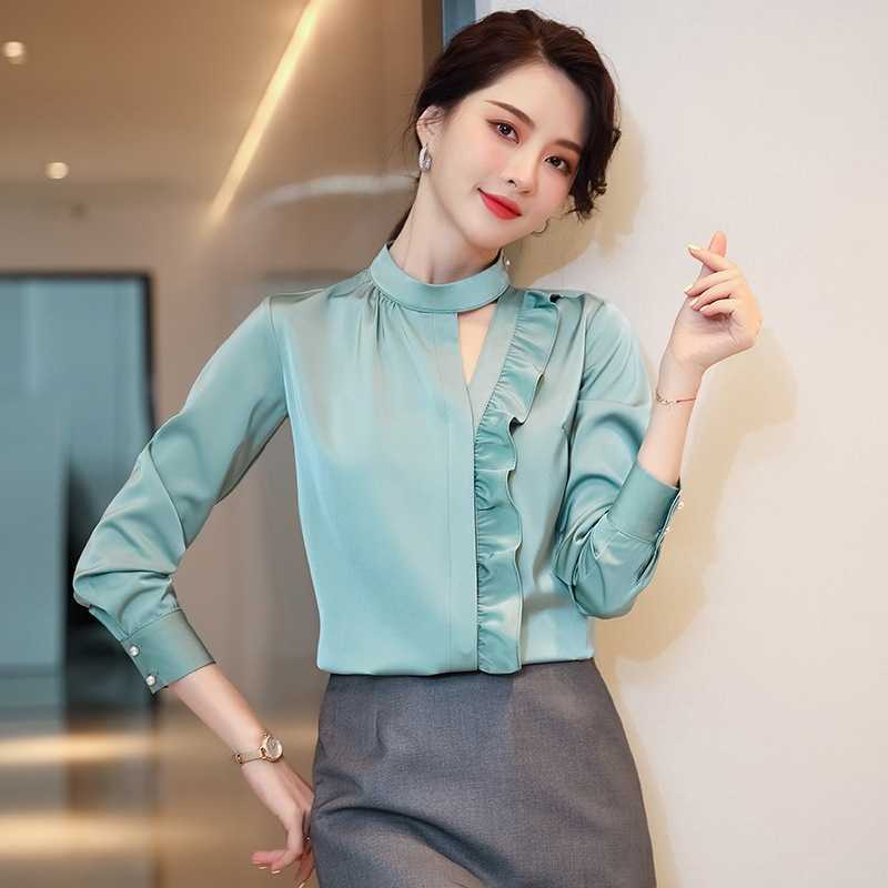 Large size -4XL temperament ladies shirt overalls casual women' ruffled bottoming Professional el top 210527
Large size -4XL temperament ladies shirt overalls casual women' ruffled bottoming Professional el top 210527