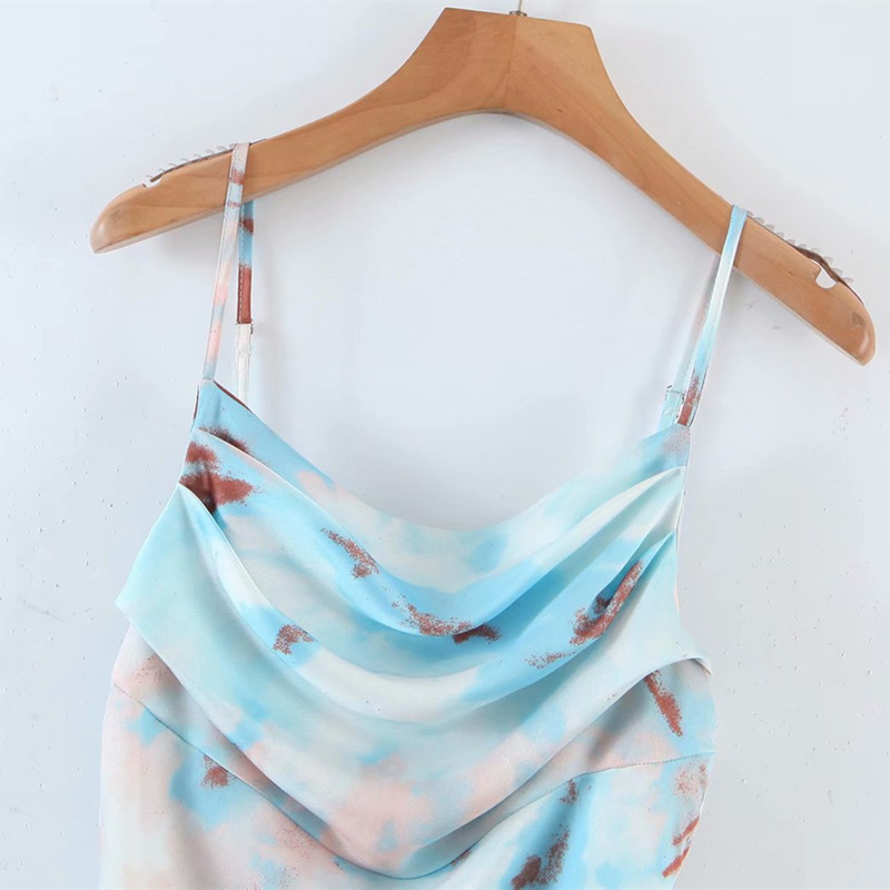 PUWD Sexy Women Square Collar Slim Dress Summer Fashion Ladies Chinese Style Female Pleated Print Suspender 210522