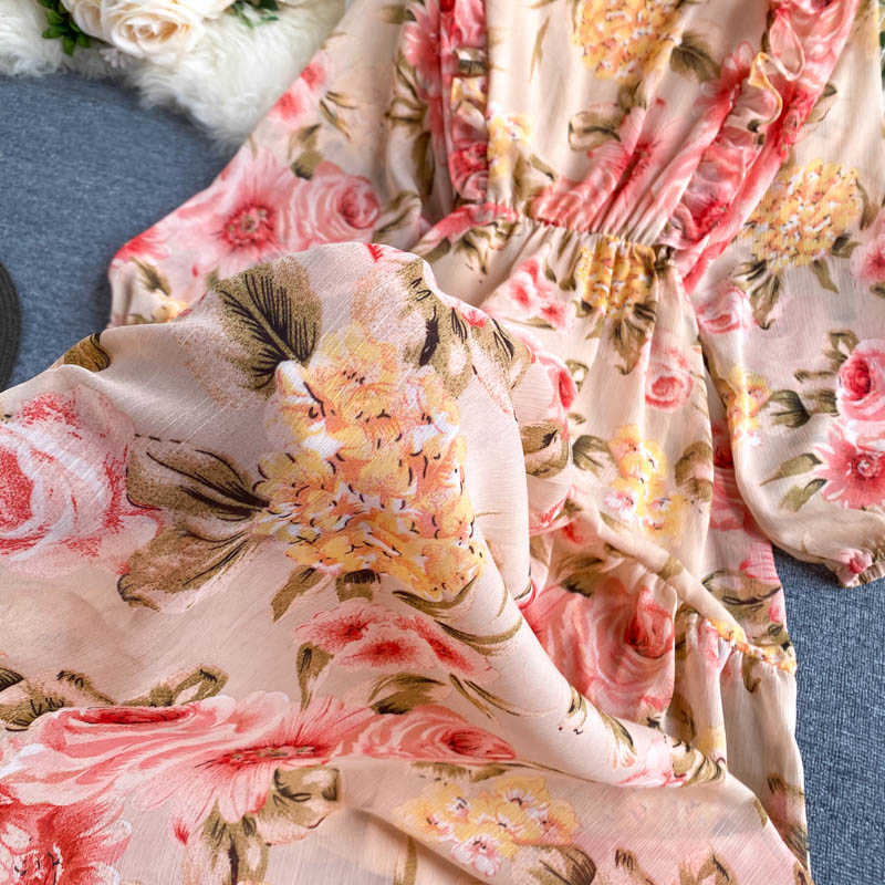 LY VAREY LIN Autumn Women Elegant Floral Print Dresses Puff Sleeve O Neck High Waist Ruffled Hem A Line Loose 210526