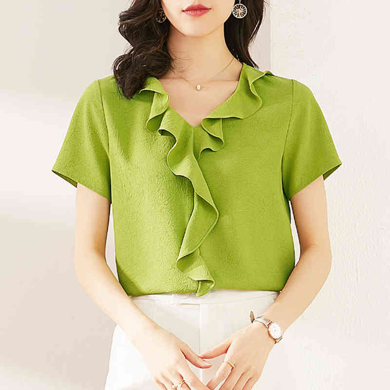 Short Sleeve All-match Slim-Fit Fashion Style Summer Tops and Blouse Solid Color Ruffled Chiffon Shirt Women Blusas Mujer 10055 210417