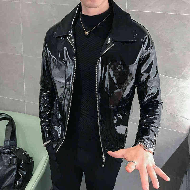 Shiny Leather Jacket Men's Stage Costume Red Black Brown Nightclub Club Men's Leather Jacket Solid Color Slim Men's Jacket Coats 211111