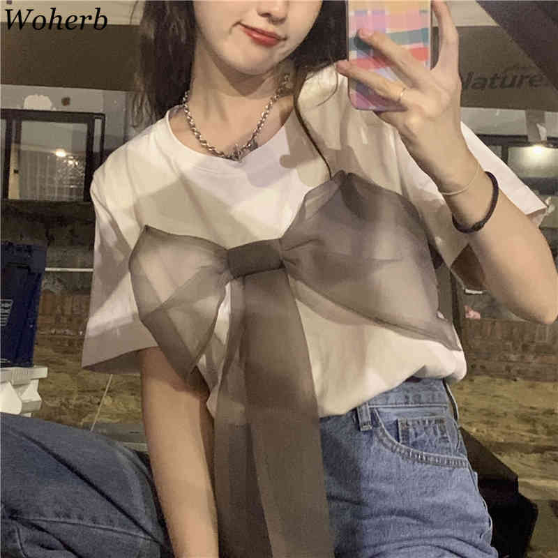 Big Bow Patchwork Women T Shirts Summer Korean Loose Fashion Tees Shirt Streetwear O Neck Short Sleeve Simple Tops 210519