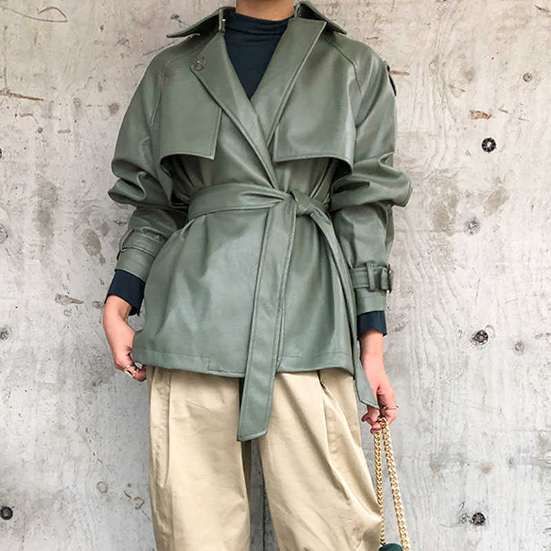 FTLZZ Spring Autumn Women Faux PU Leather Casual Streetwear Outwear Motorcycle Leather Jacket with Belt Green Biker Coat 210909