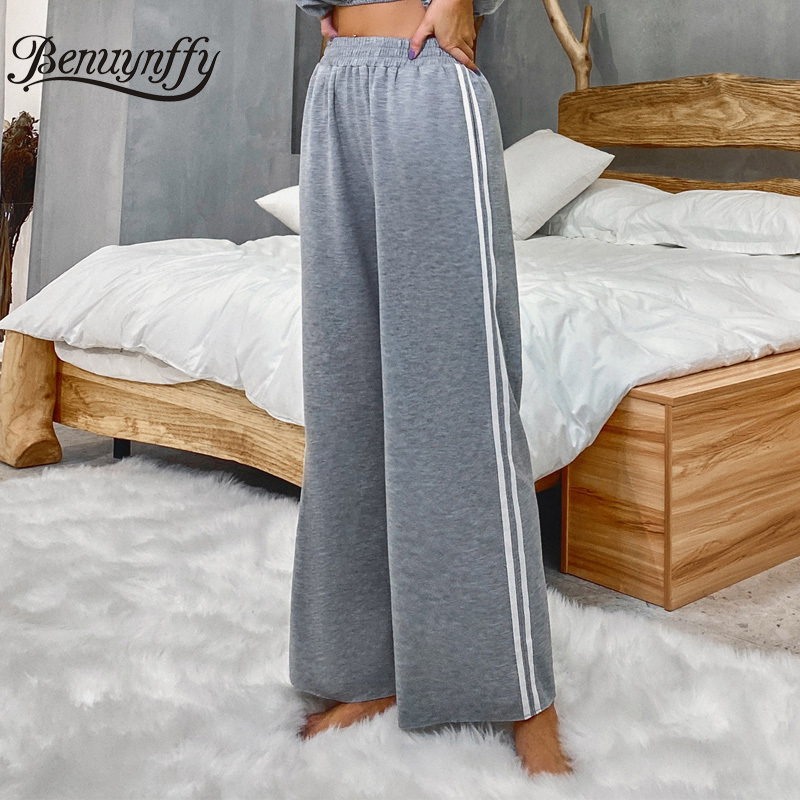 Gray Side Striped High Elastic Waist Pants Women Autumn Korean Style Casual Trousers Ladies Streetwear Wide Leg 210510