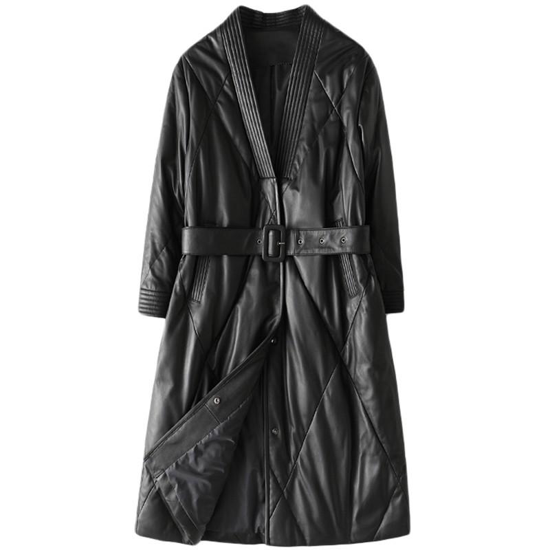 Women V Vintage Neck Long Down Jacket Winter Warm Coats 2021 Belted Loose Fit Sheepskin Overcoat Ladies Genuine Leather Women's & Faux