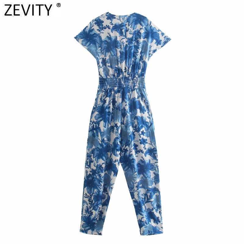 Zevity Women Fashion Knotted V Neck Floral Print Calf Length Jumpsuits Chic Lady Short Sleeve Elastic Waist Casual Rompers P1130 210603