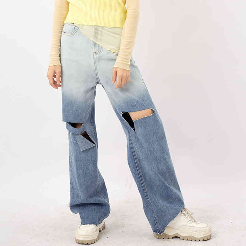 Streetwear Gradient Color Jeans Women's Summer High Waist Hole Loose Straight Denim Pants Female Tide 5E312 210427