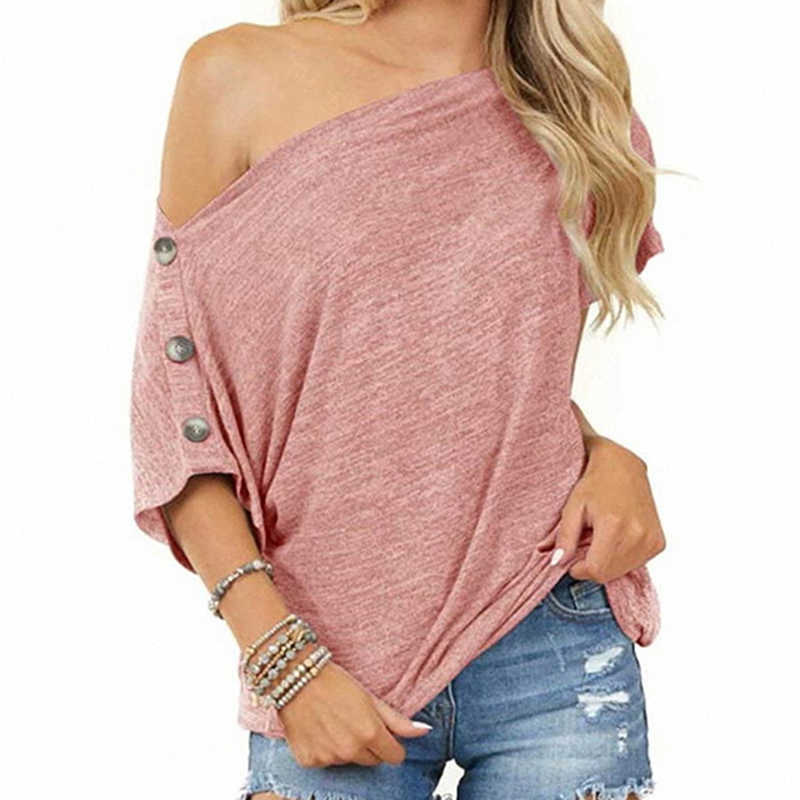 Fashion T Shirt Women Solid Color Off The Shoulder Woman Tshirts Button Short Sleeve Ladies Tops Bottom Mujer Camisetas Y0629