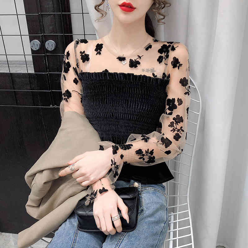 Spring Puff Sleeve Black Mesh Short Tops Sexy Lace Bottoming Blouse Women Velvet Waist Skinny Shirts Fashion Blusas 12771 210427