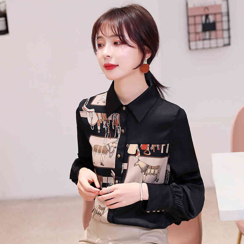 Fashion Turn-down Collar Office Lady Blouse Korean Style Women Vintage Long Sleeve Print Shirt Black Tops Blusas 8166 50 210506