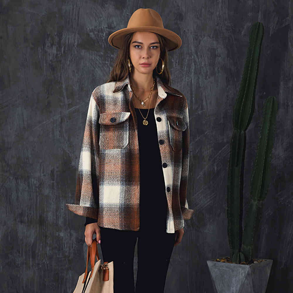Women Korean Warm Vintage Fashion Coats And Jackets Ladies Black Plaid Checkered Outerwear Shirt New Autumn Winter Clothes 210415